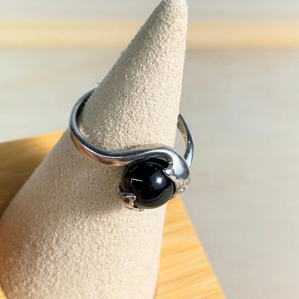 Sterling Silver Dolphin Ring Onyx Black Orb Bypass Minimalist 925 Statement